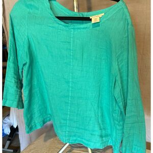Nicole Miller turquoise linen long sleeve blouse with button back s M